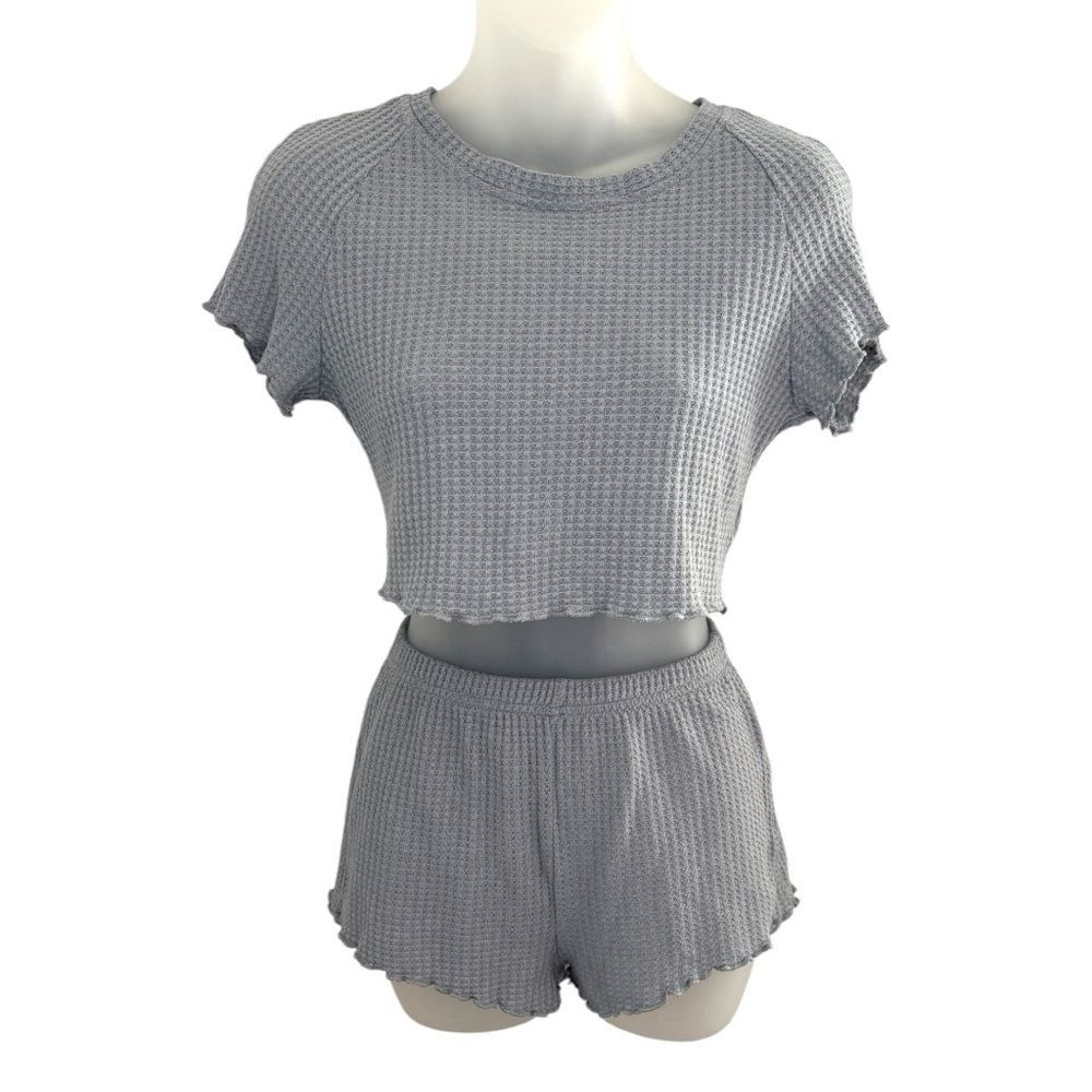 Women's Gray Waffle Knit Two-Piece Loungewear Shorts Set Size Small
